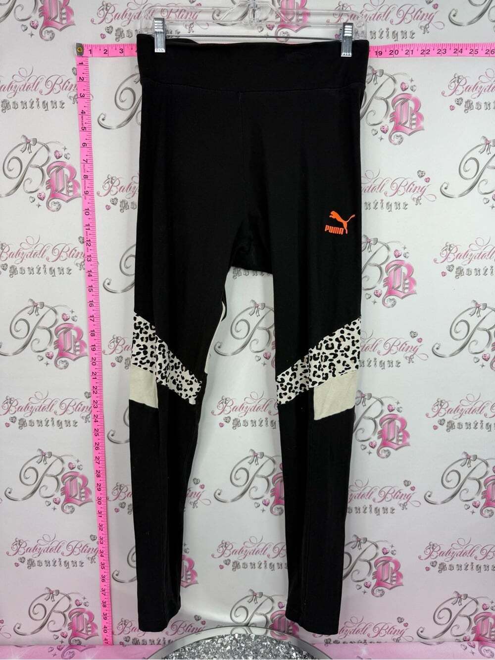 Puma Black Leggings with Cream & Black Leopard Panels and Orange Logo